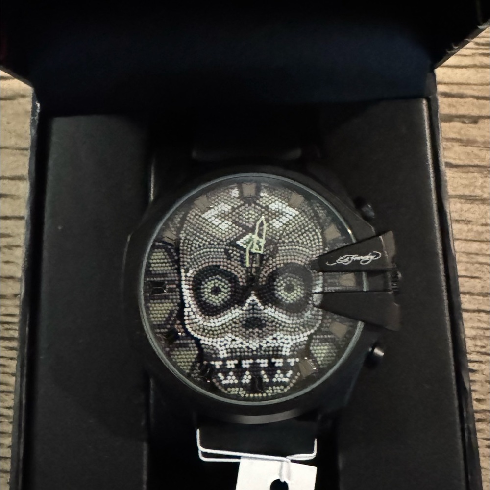 Black & Green Ed Hardy Watch with Skull Design